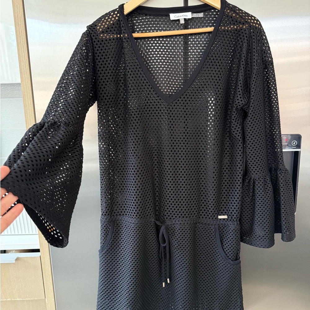 Calvin Klein Black Mesh Swim Cover-Up Dress - V-Neck, Bell Sleeves